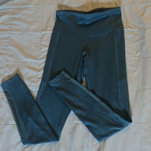 Blue-gray workout leggings.